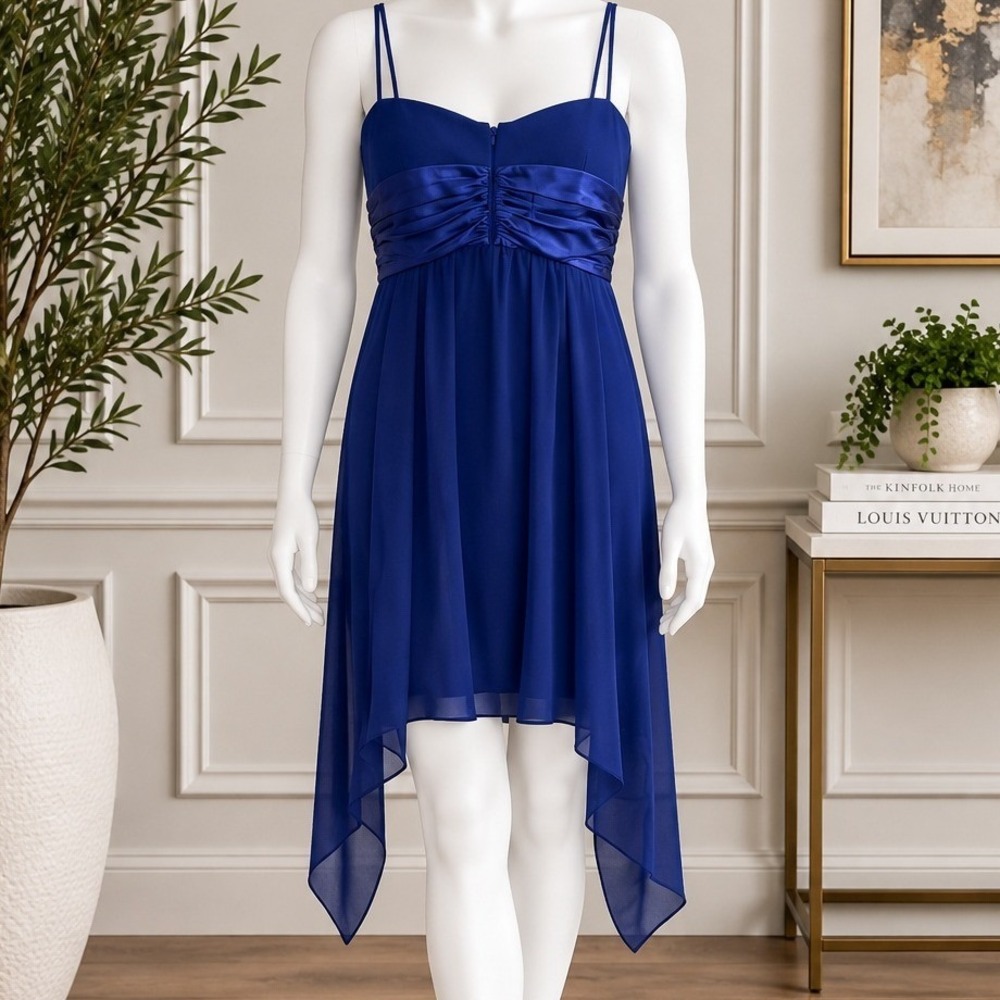 S.L. Fashions Womens Cocktail Dress Royal Blue Ruched Satin Back Size 10